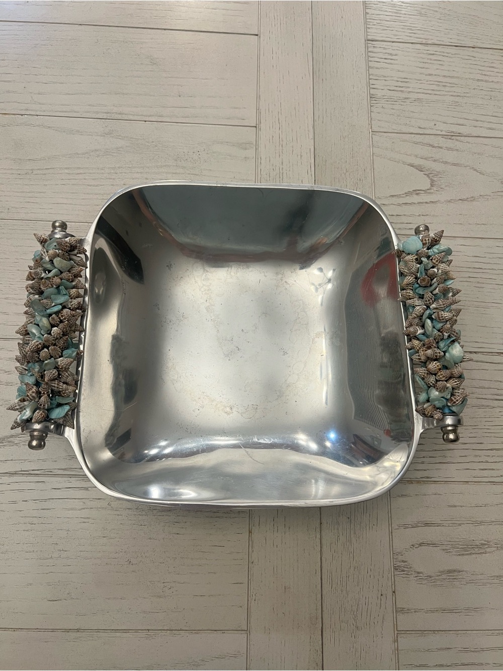 Vintage Zodax Silver Serving Bowl with Turquoise Bead and Shell Handles- 10”